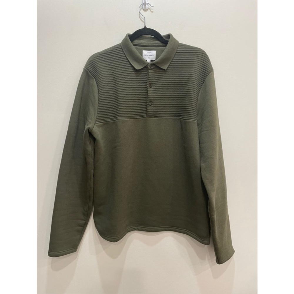 Peter Werth Long Sleeve Polo Collared Fleece Sweatshirt Military Green Medium